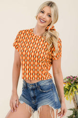 Crop Rib Knit Short Sleeve Tops with Matching Scrunchie - Orange, Brown Geometric