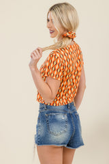 Crop Rib Knit Short Sleeve Tops with Matching Scrunchie - Orange, Brown Geometric