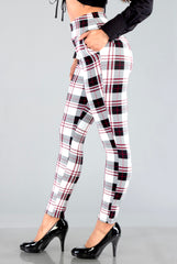 High Waist Sculpting Treggings With Front Pockets - White, Black, Red Plaid