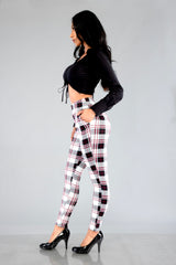 High Waist Sculpting Treggings With Front Pockets - White, Black, Red Plaid