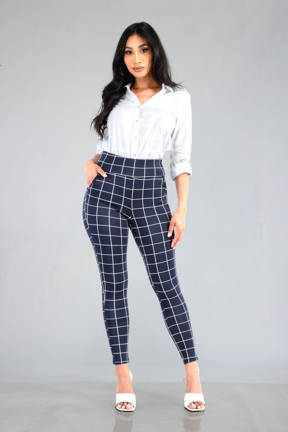 High Waist Sculpting Treggings With Front Pockets - Navy & White Plaid