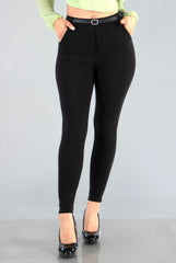 High Waist Sculpting Treggings With Faux Leather Belt - Black