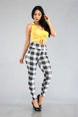 High Waist Sculpting Treggings With Front Pockets - Black, White, Mustard Plaid