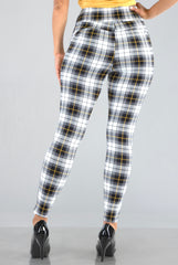 High Waist Sculpting Treggings With Front Pockets - Black, White, Mustard Plaid