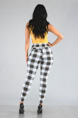 High Waist Sculpting Treggings With Front Pockets - Black, White, Mustard Plaid