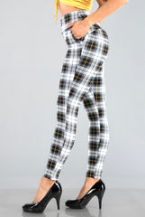 High Waist Sculpting Treggings With Front Pockets - Black, White, Mustard Plaid