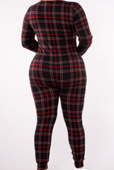 Plus Size Holiday Print Fleece Lined Jumpsuit Onesie - Black & Red Plaid