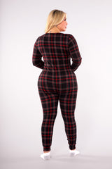 Plus Size Holiday Print Fleece Lined Jumpsuit Onesie - Black & Red Plaid