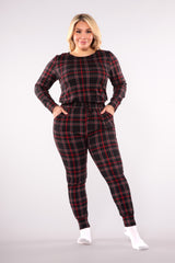 Plus Size Holiday Print Fleece Lined Long Sleeve Top & Sweatpants Pajama Set - Black & Red Plaid