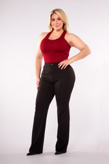 Plus Size High Waist Flare Pants With Front Pleating & Button Waist Detail - Black