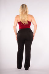 Plus Size High Waist Flare Pants With Front Pleating & Button Waist Detail - Black