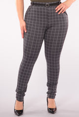 Plus Size Sculpting Treggings With Faux Leather Belt - Gray & White Plaid