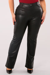 Plus Size PU Faux Leather Flare Pants With Back Pockets & Button Waist Detail - Black