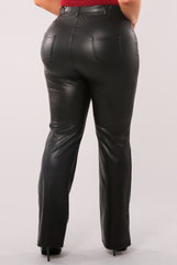 Plus Size PU Faux Leather Flare Pants With Back Pockets & Button Waist Detail - Black