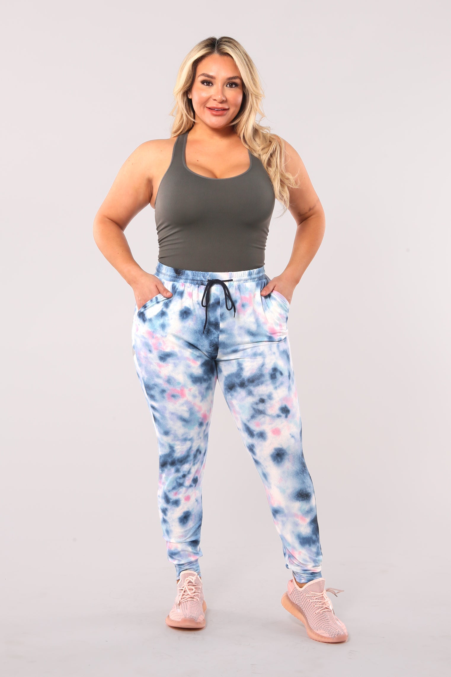 Plus Size Soft Brushed Joggers With Shoe Lace Tie - Blue, Pink Tie Dye - S&G Apparel