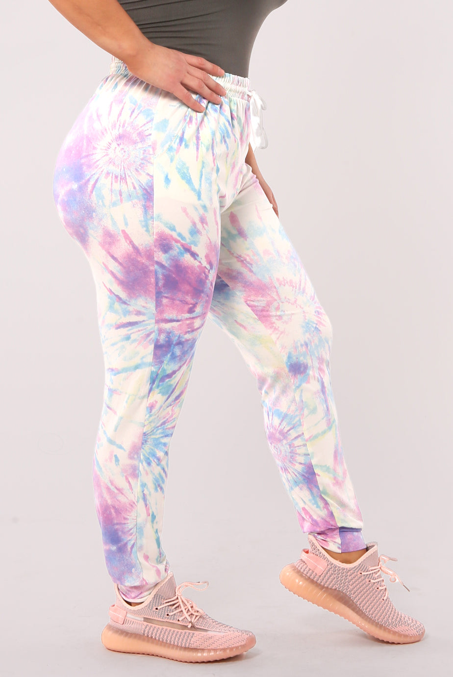 Plus Size Soft Brushed Joggers With Shoe Lace Tie - White, Pink, Blue Tie Dye - S&G Apparel