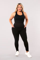 High Waist Rib Knit Leggings With Side Pockets - Black