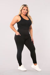 High Waist Rib Knit Leggings With Side Pockets - Black