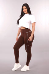 High Waist Contrast Seam Fleece Lined Leggings With Side Pockets - Chocolate Brown