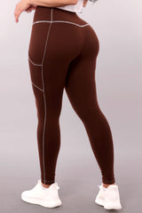 High Waist Contrast Seam Fleece Lined Leggings With Side Pockets - Chocolate Brown