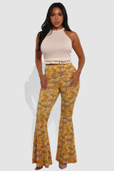 High Waist Soft Brushed Wide Flare Pants - Yellow, White Floral