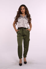 Satin Cargo Joggers With Self Waist Tie - Olive