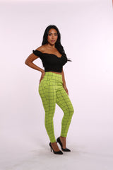 High Waist Sculpting Treggings With Front Pockets - Green, Black Plaid