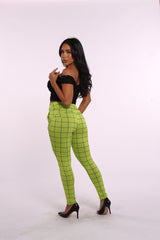 High Waist Sculpting Treggings With Front Pockets - Green, Black Plaid