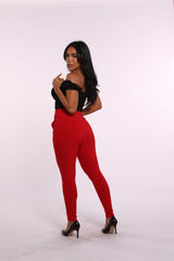High Waist Sculpting Treggings With Front Pockets - Red