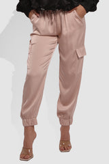 Satin Cargo Joggers With Self Waist Tie - Blush