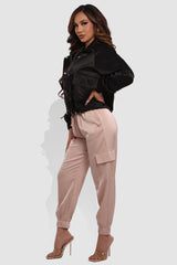 Satin Cargo Joggers With Self Waist Tie - Blush