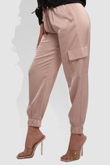 Satin Cargo Joggers With Self Waist Tie - Blush