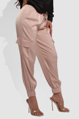 Satin Cargo Joggers With Self Waist Tie - Blush