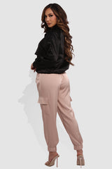 Satin Cargo Joggers With Self Waist Tie - Blush