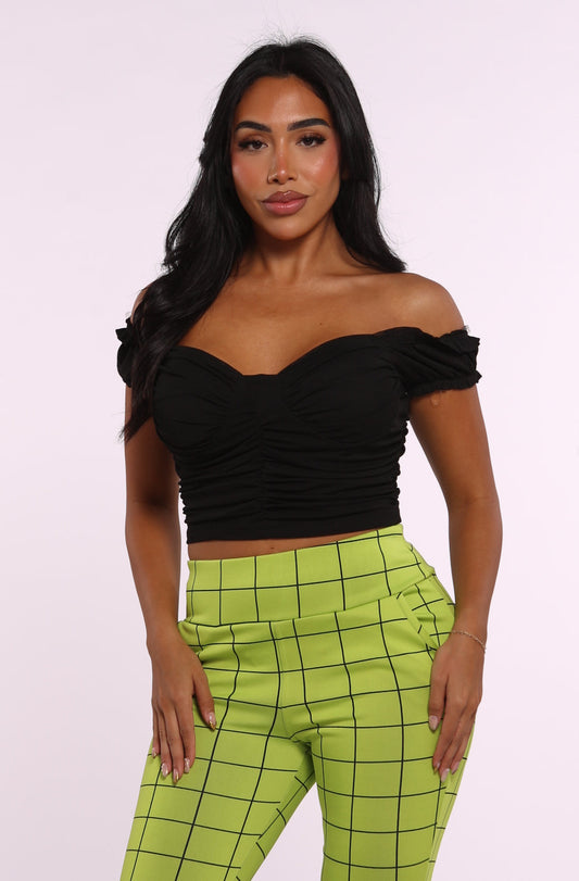 Ruched Mesh Crop Tops With Ruffle Sleeves - Black
