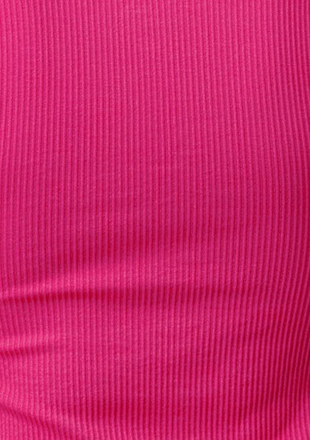 Rib Knit Square Neckline Short Sleeve Tops - Fuchsia