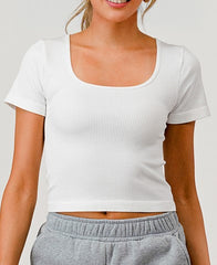 Rib Knit Square Neckline Short Sleeve Tops - White