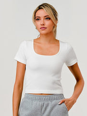 Rib Knit Square Neckline Short Sleeve Tops - White