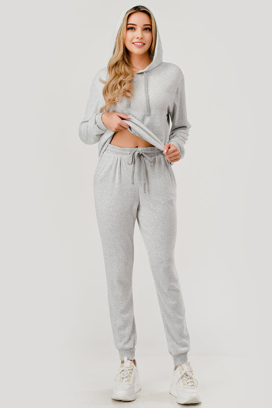 2-Piece Set Sweater Knit Hoodie + Jogger Sweatpants - Light Heather Gray