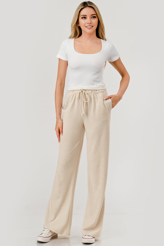 Fuzzy Knit Paperbag Waist Wide Leg Pants - Heather Oatmeal