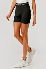 Elastic Waistband Sports Shorts With Wording - Black