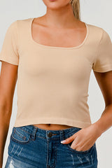 Rib Knit Square Neckline Short Sleeve Tops - Taupe