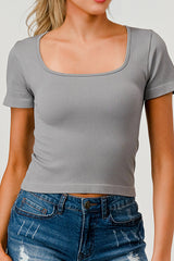 Rib Knit Square Neckline Short Sleeve Tops - Gray