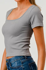 Rib Knit Square Neckline Short Sleeve Tops - Gray