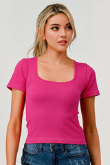 Rib Knit Square Neckline Short Sleeve Tops - Fuchsia