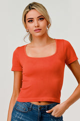 Rib Knit Square Neckline Short Sleeve Tops - Orange