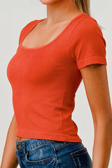 Rib Knit Square Neckline Short Sleeve Tops - Orange