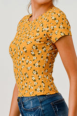 Rib Knit Printed Short Sleeve Tops - Yellow, White Floral