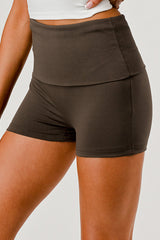 Pillowy Soft Fold Over Waist Shorts - Chocolate Brown