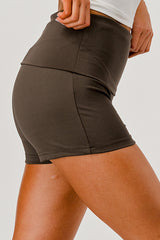 Pillowy Soft Fold Over Waist Shorts - Chocolate Brown